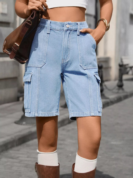 High-Waisted Wash Denim Shorts