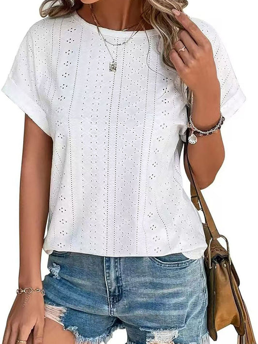 Eyelet Round Neck Short Sleeve Top