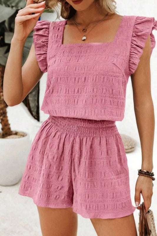 Ruffled Sleeve Textured Top and Shorts Two-Piece Set
