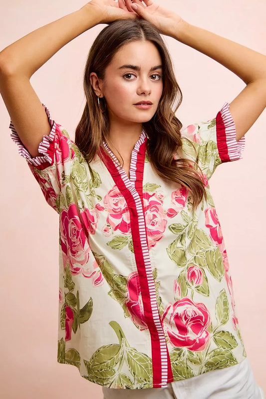 BiBi Floral Printed Woven Contrast Edge Ruffled Blouse