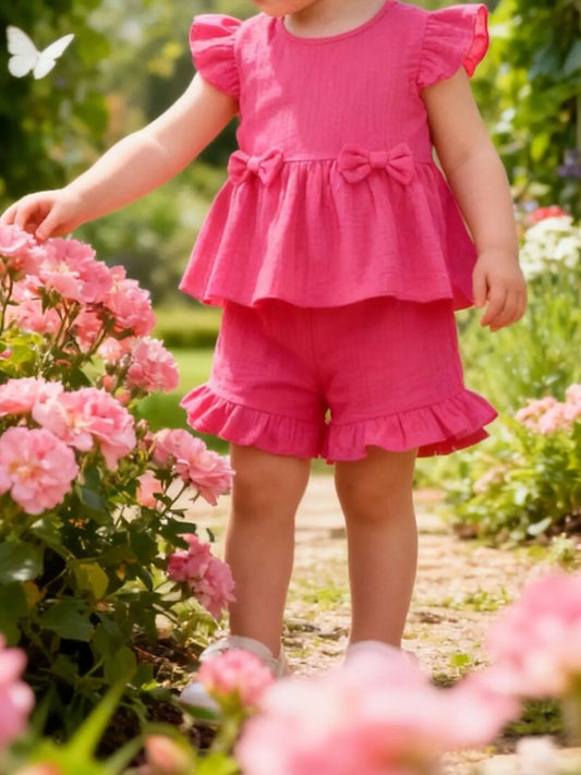 Children's Ruffle Trim Bowknot Top & Shorts Set