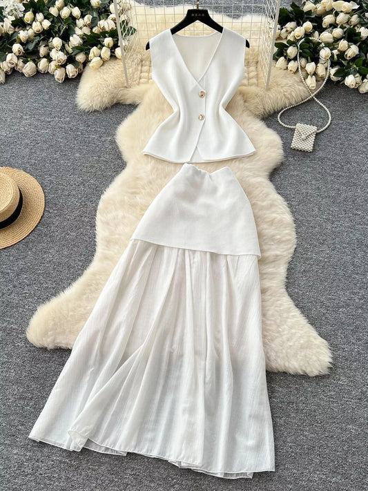 Button Up Sleeveless Top and Skirt Set