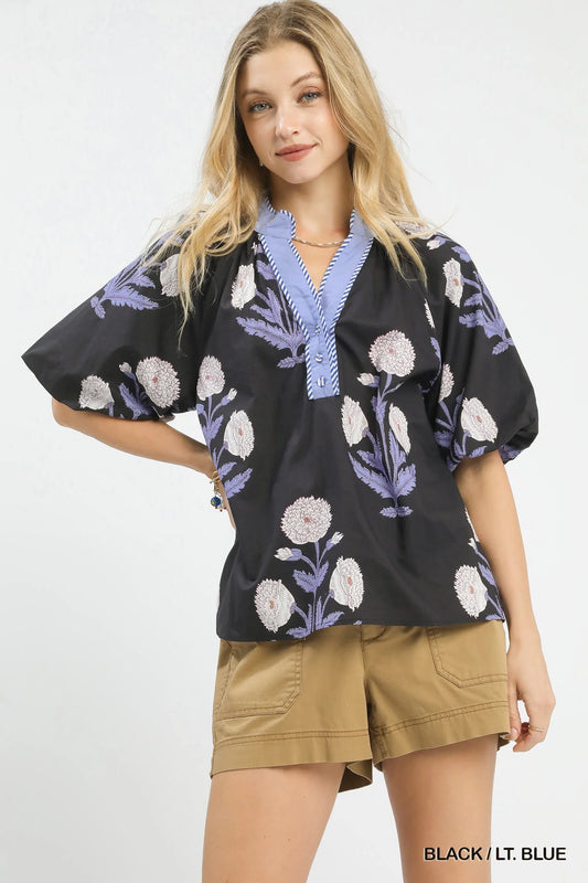 Umgee Floral Print V-Neck Top