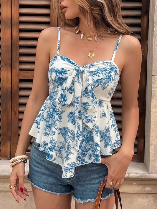 Floral Print Tie Front Ruffle Hem Cami