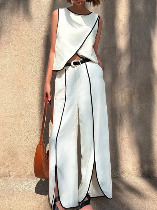 Contrast Trim Sleeveless Top and Wide-Leg Pants Set