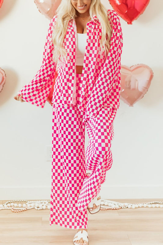 Checkerboard Print Long Sleeve Top and Pants Set