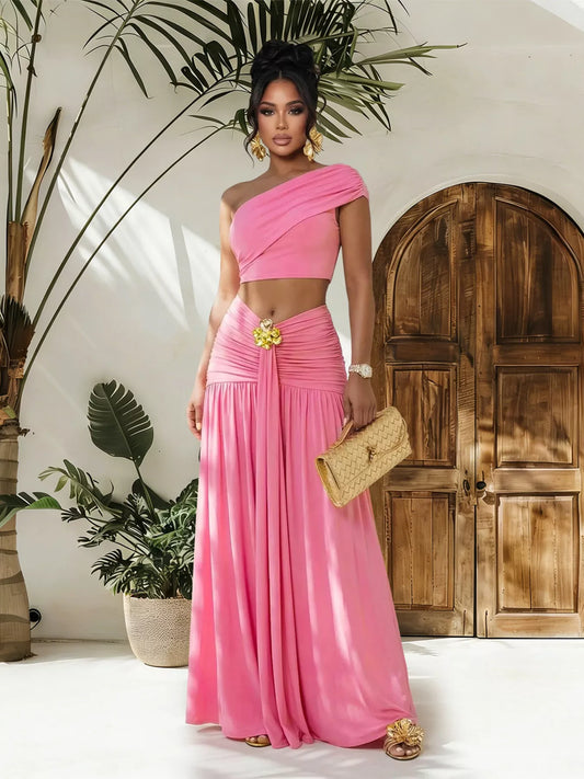 One-Shoulder Top and Ruched Maxi Skirt Set