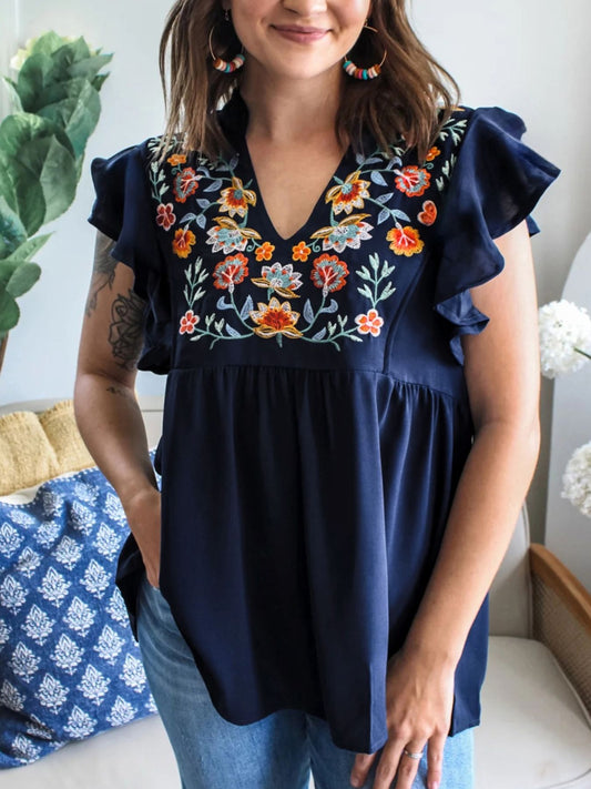 Embroidered Floral Ruffle Sleeve Blouse