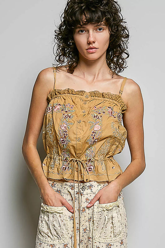 POL Button Down Floral Embroidered Cropped Cami with Lace Detail