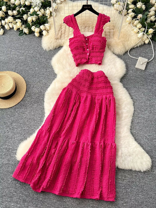 Textured Crop Top and Tiered Skirt Set