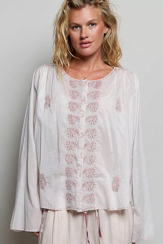 POL Embroidered Gathered Shoulder Long Sleeve Shirt