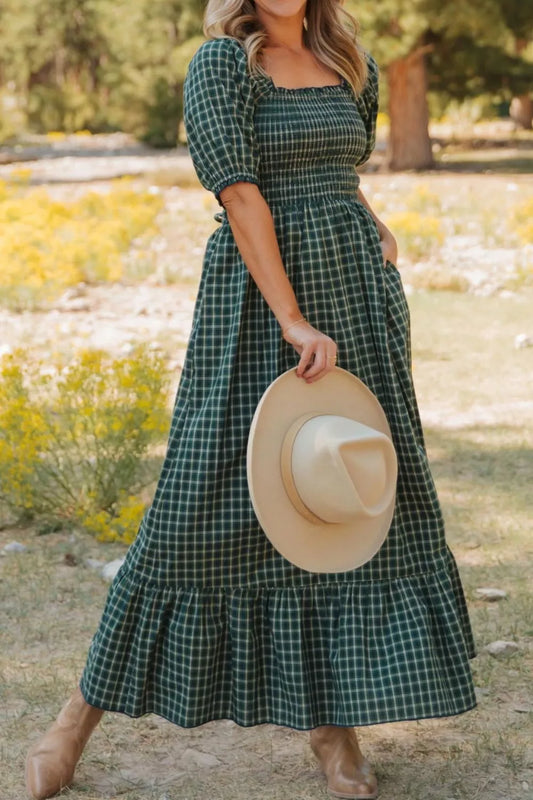 Plaid Square Neck Shirred High Waist Ruffle Hem Maxi Dress
