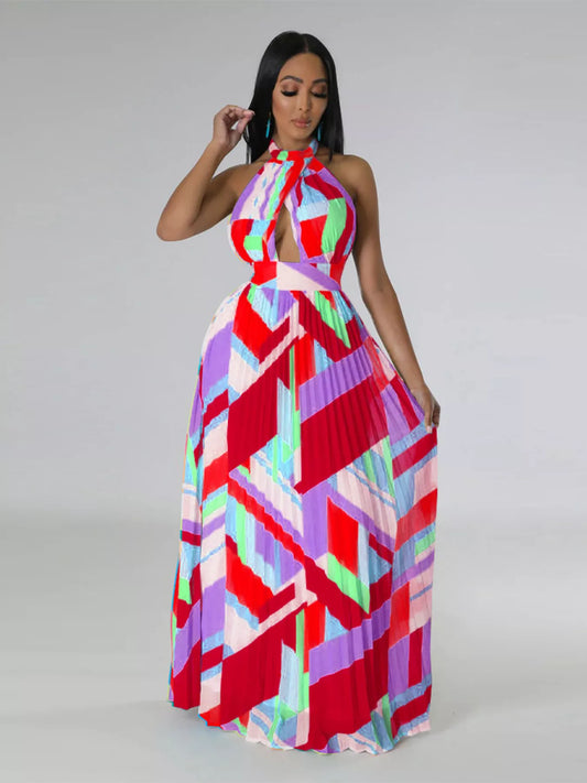 Halter Neck Geometric Print Pleated Maxi Dress