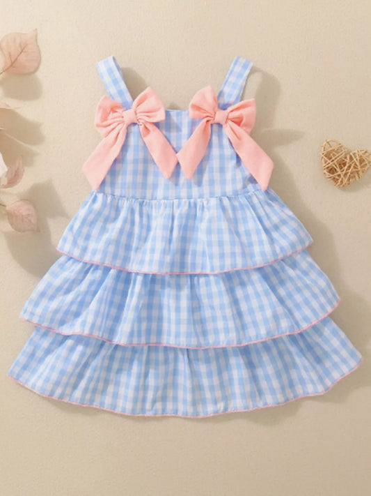Children's Layered Ruffle Gingham Dress with Bows