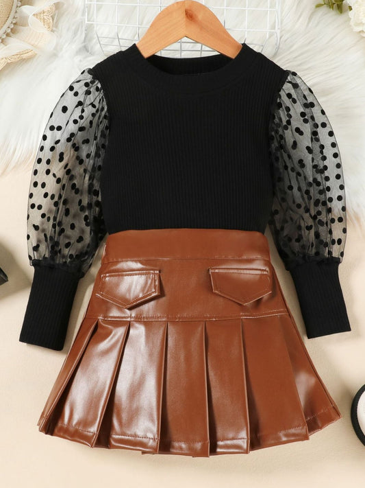 Children's Polka Dot Sleeve Top & Faux Leather Skirt Set