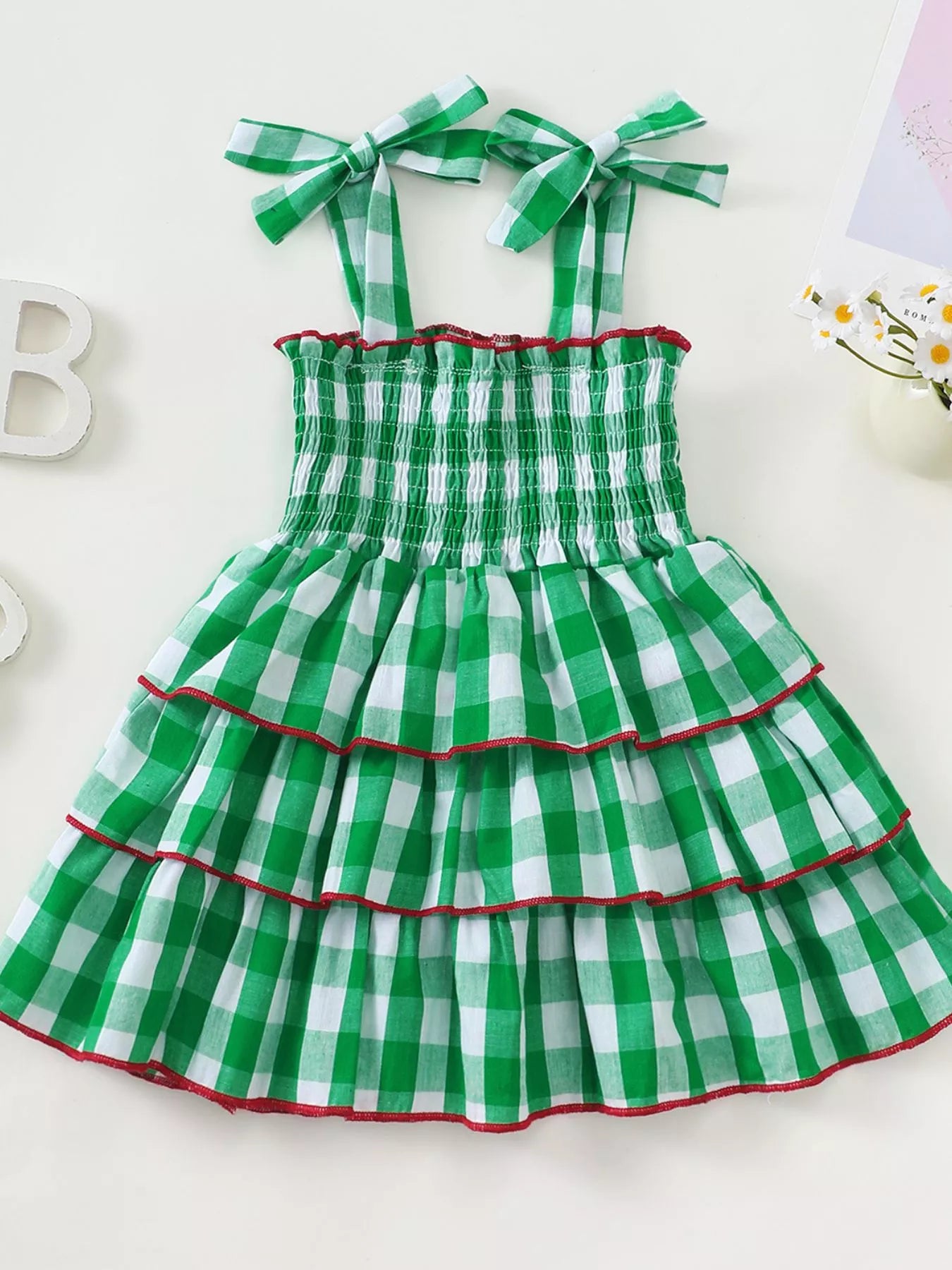 Children's Gingham Tiered Dress with Bow Tie Straps