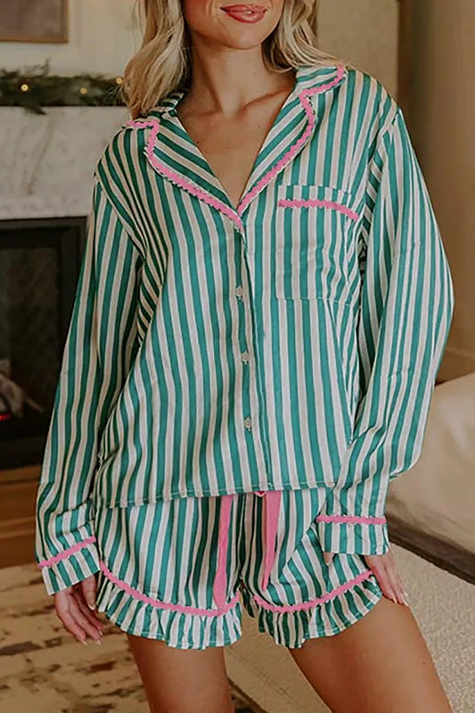 Stripe Contrast Ricrac Trim Long Sleeve Shirt Drawstring Ruffled Pajama Short Set