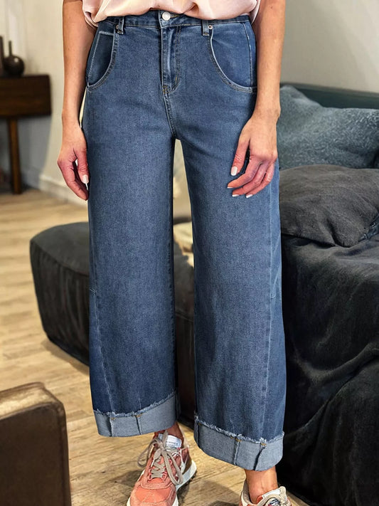 Stitched Raw Hem Wide Leg Loose Jeans