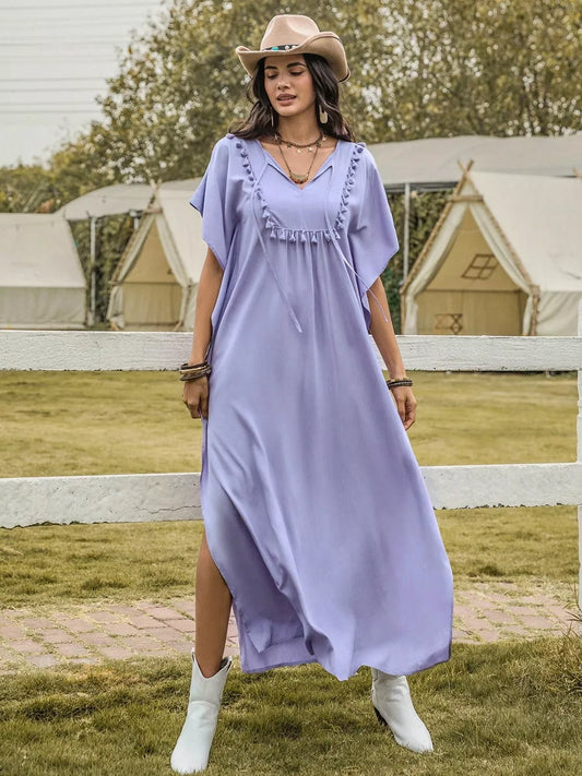 Side Slit Tie Neck Flutter Sleeve Dress