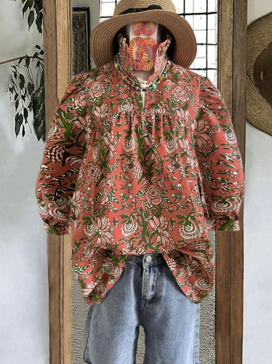 Floral Print Ruffle Neck Half Sleeve Blouse
