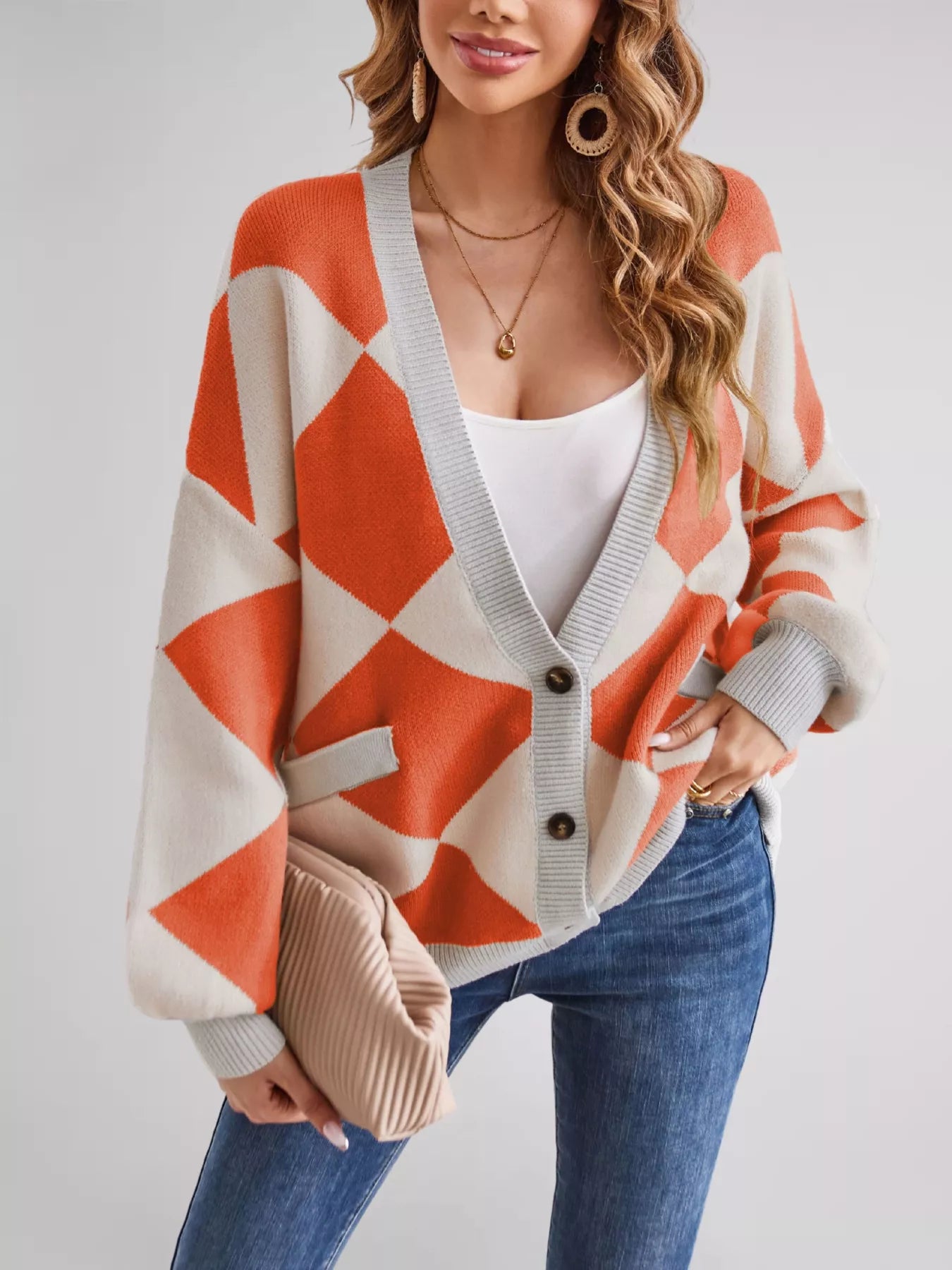 Diamond Pattern Button-Up Knit Cardigan
