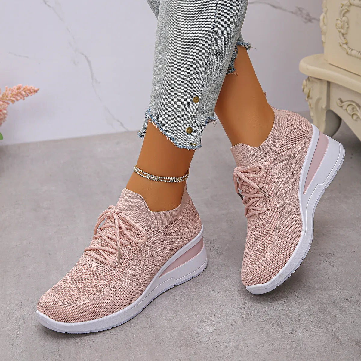 Mesh Lace Up Wedge Athletic