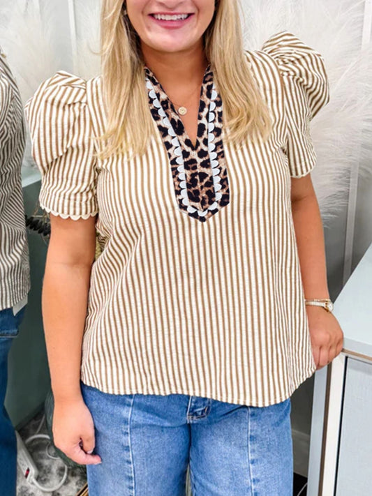 Stripe Ricrac Trim Short Puff Sleeve Leopard Patchwork Collar V Neck Blouse