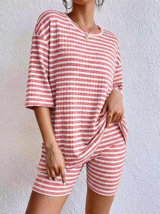 Striped Round Neck Top and Shorts Set