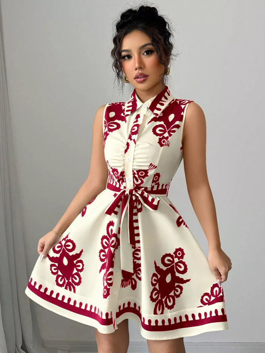 Sleeveless Ruched Printed Tie Waist Dress