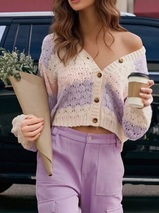 Color Block Button Up Cardigan