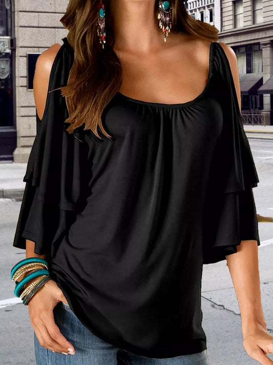 Cold Shoulder Ruffle Sleeve T-Shirt
