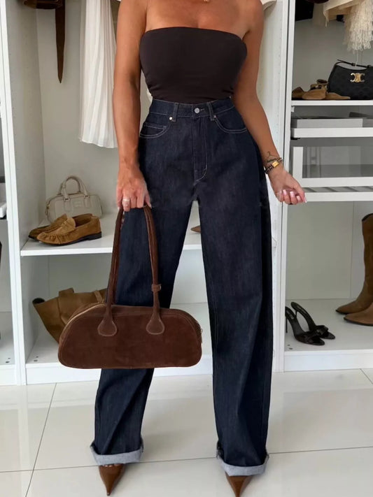 High-Waisted Wide-Leg Washed Jeans