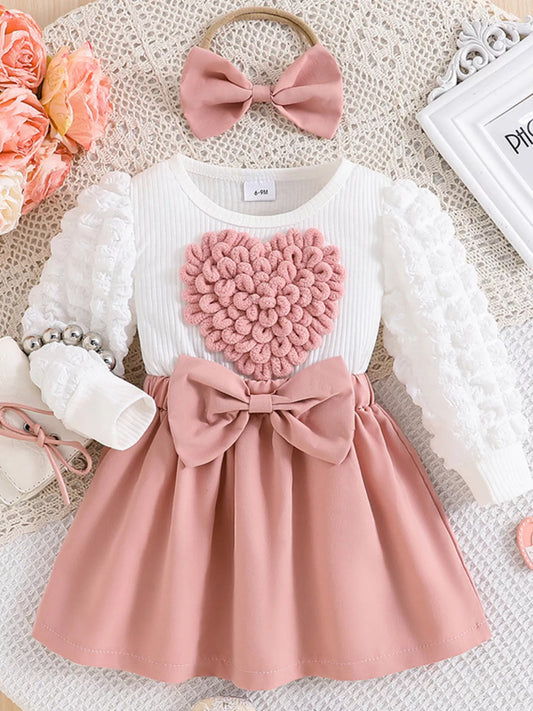 Children's Heart Bowknot Decor Dress with Headband