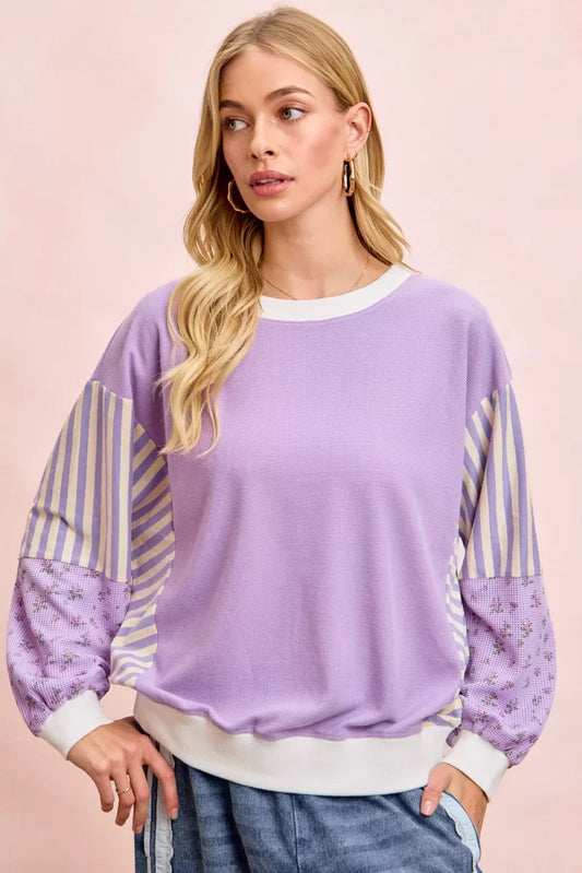 BiBi Mix and Match Sweatshirt with Floral Sleeve Striped