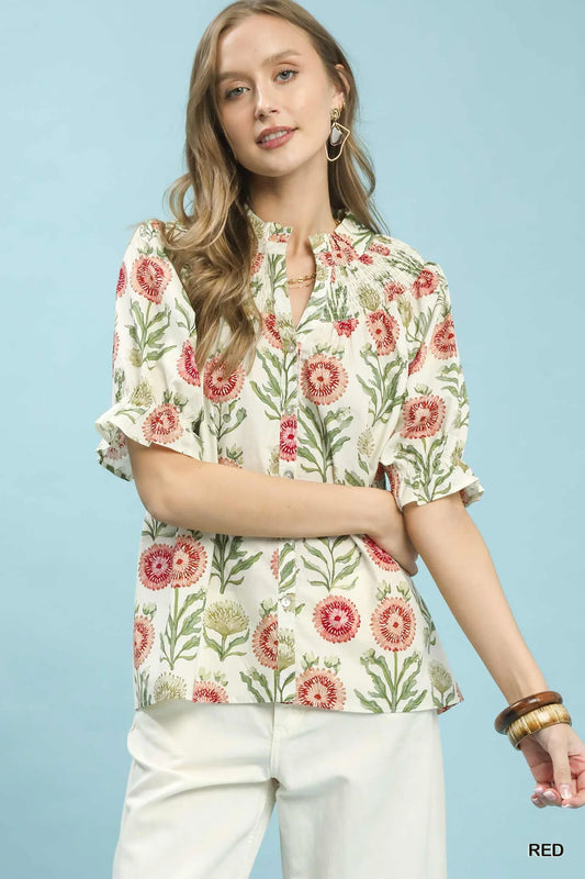 Umgee Floral Button-Front Short Sleeve Top