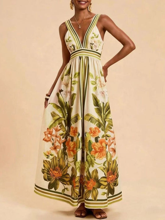 Tropical Print V-Neck Maxi Dress