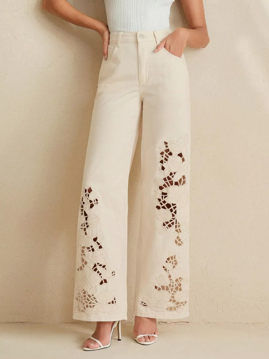 Cutout Embroidered Wide Leg Jeans