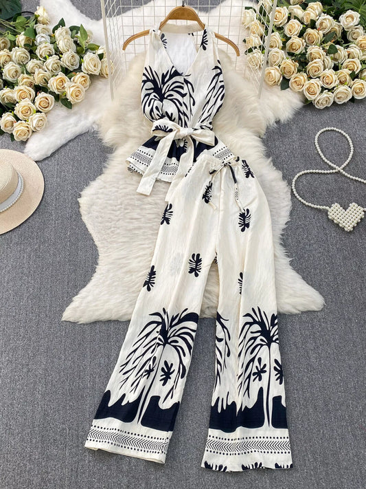 Printed Sleeveless Top and Wide Leg Pants Set
