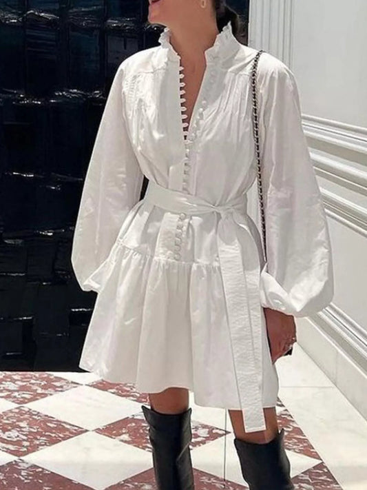Button-Up Balloon Sleeve Mini Dress