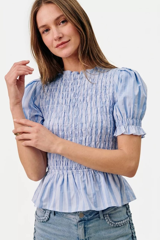 SO ME Stripe Smocked Bodice Puff Sleeves Blouse Top