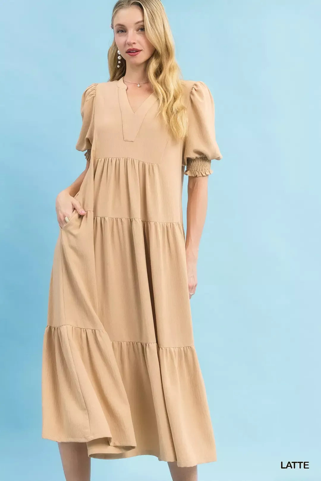Umgee V-Neck Puff Sleeve Tiered Midi Dress