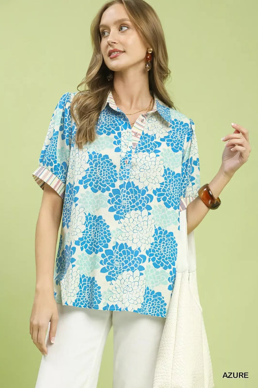 Umgee Floral Collared Short Sleeve Blouse