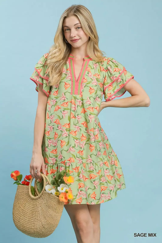 Umgee Floral Flutter Sleeve Tiered Dress
