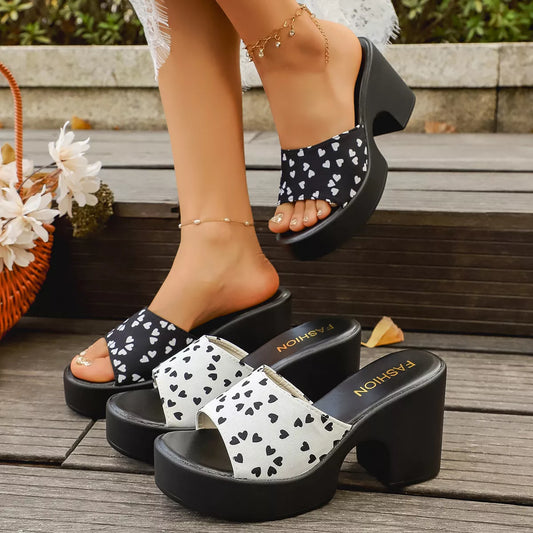 Heart Print Block Heel Sandals