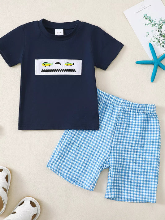 Children's Embroidered Round Neck Tee and Shorts  Set