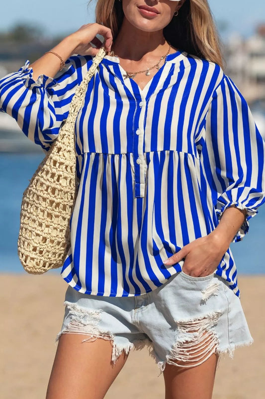Stripe Balloon Sleeve Loose Button Up Shirt