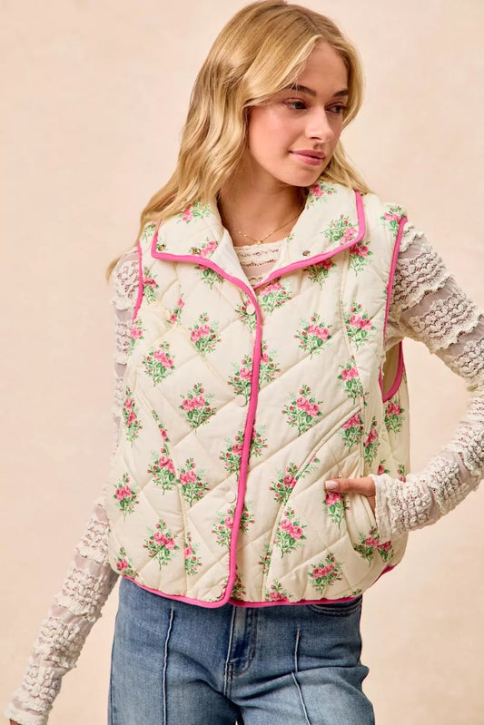 BiBi Floral Print Piping Detail Quilted Vest