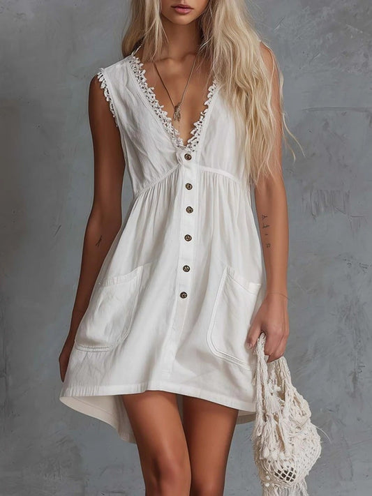 Sleeveless V-Neck Mini Dress with Pockets