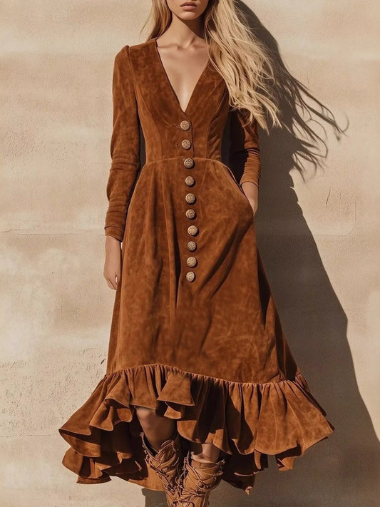 Ruffle Hem V-Neck Midi Dress