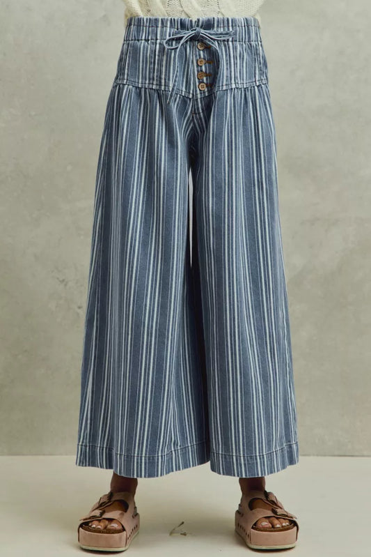 SO ME Mid Rise Stripe Denim Washed Pleat Wide Leg Pants